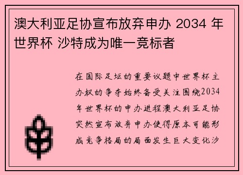 澳大利亚足协宣布放弃申办 2034 年世界杯 沙特成为唯一竞标者